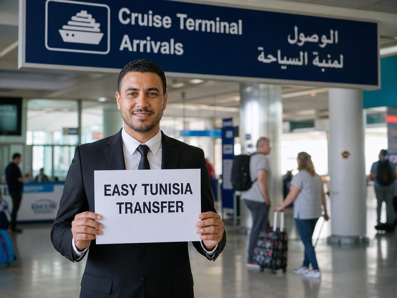 Fahrer von Easy Tunisia Transfer mit Namensschild am Kreuzfahrtterminal La Goulette