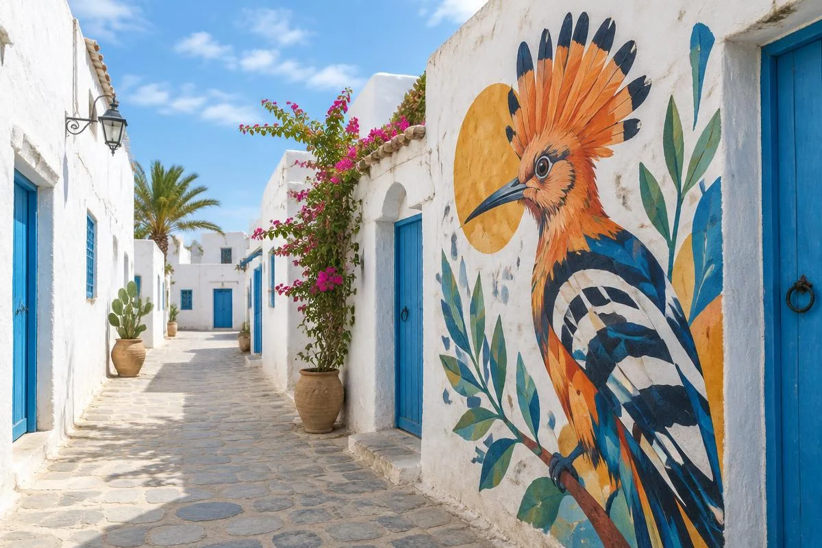 Illustration d’une fresque de street art dans une ruelle blanche et bleue d’Erriadh