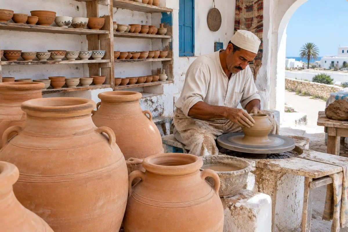 Illustration d’un potier et de jarres en terre cuite dans un atelier de Guellala