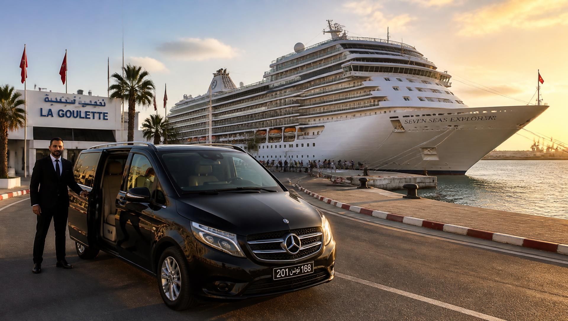 Kreuzfahrthafen La Goulette mit angelegtem Schiff und Mercedes V-Class Minivan von Easy Tunisia Transfer