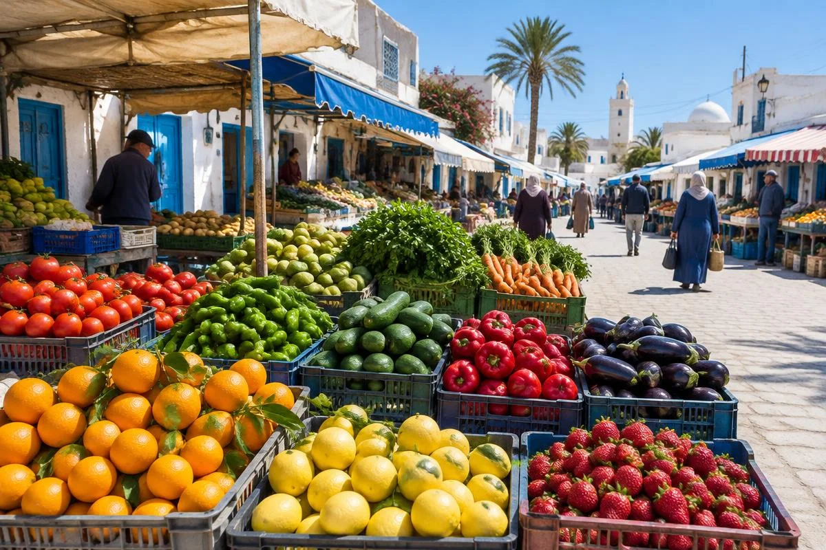 Illustration d’étals de fruits et légumes dans un marché local à Djerba