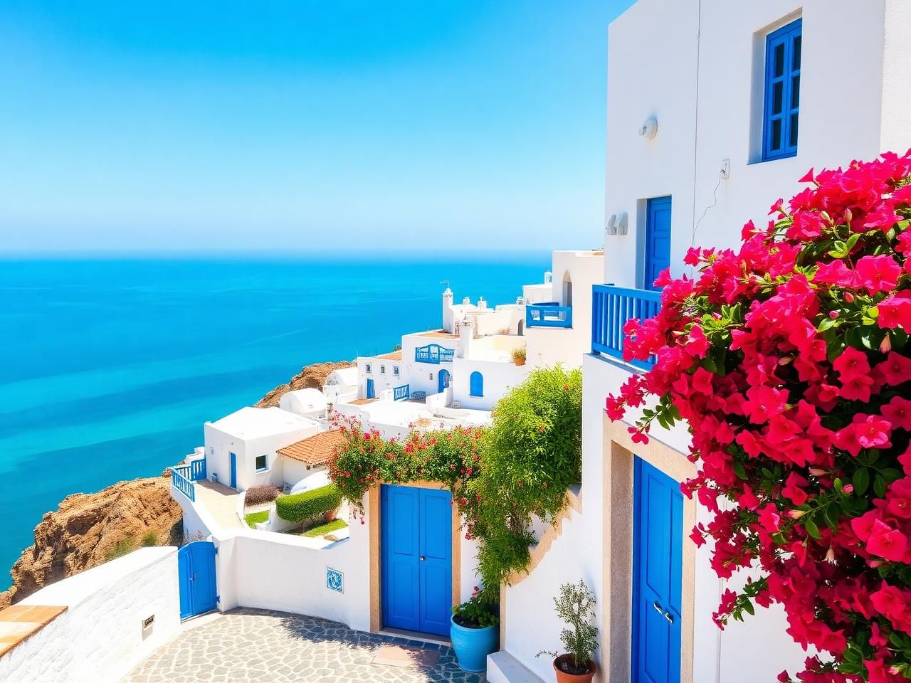 Typische Gasse in Sidi Bou Said mit weißen Häusern und blauen Fensterläden über dem Mittelmeer