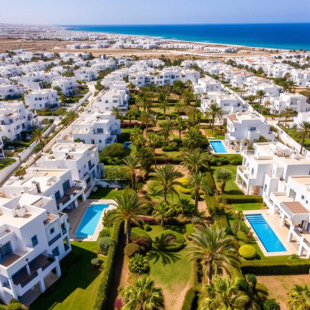 Vue aérienne d'un quartier résidentiel de villas avec piscine à Hammamet