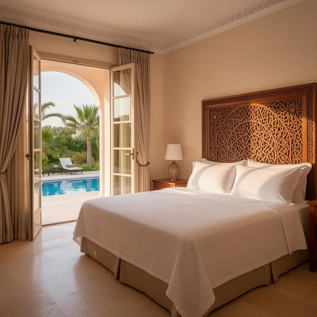 Chambre principale d'une villa de luxe en Tunisie ouvrant sur la piscine