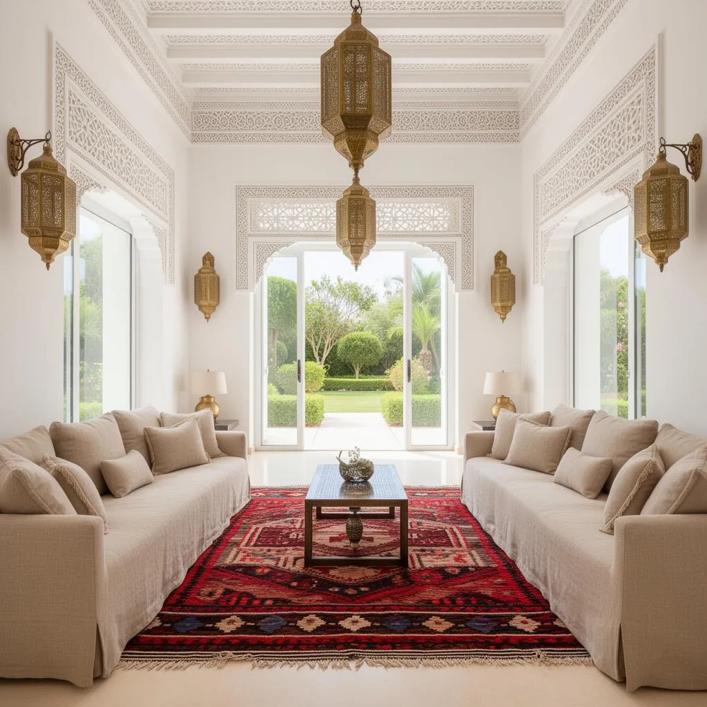 Salon élégant d'une villa tunisienne avec moucharabieh et tapis berbère
