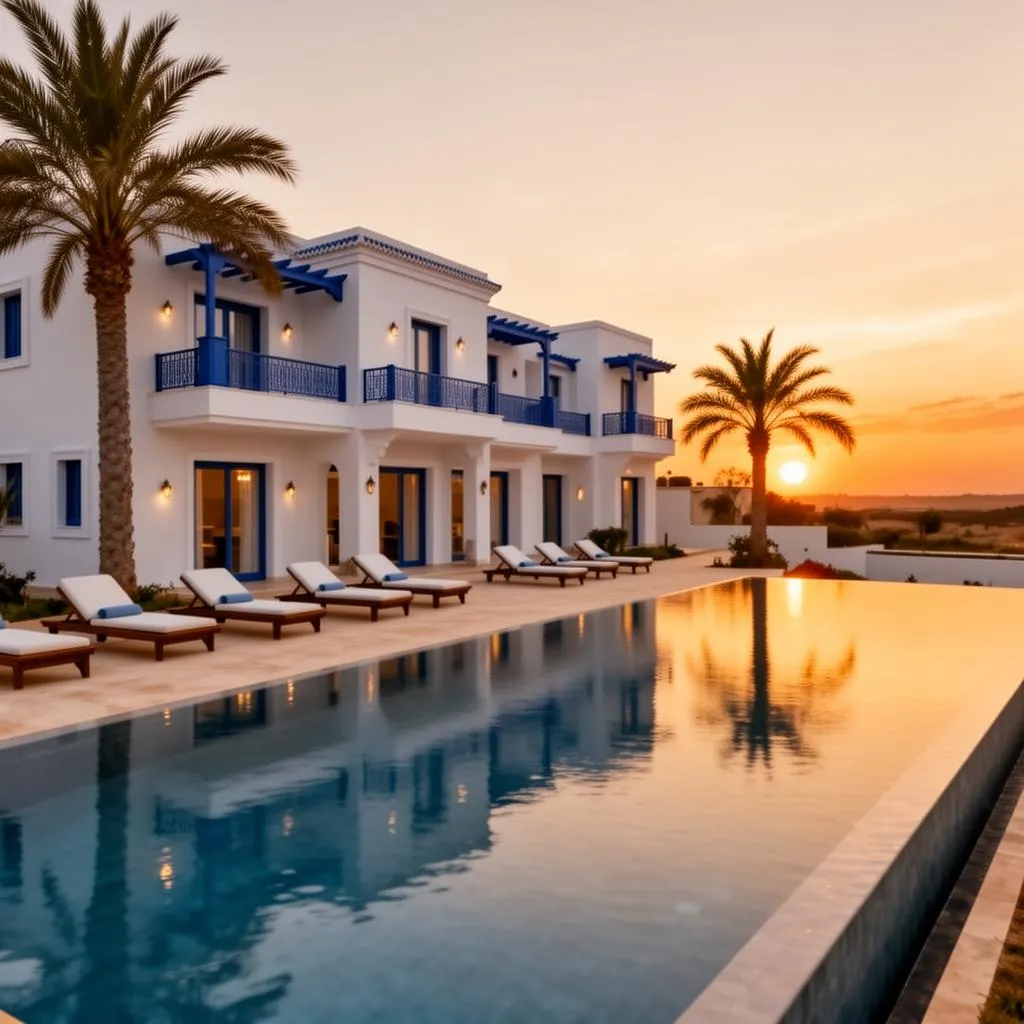 Villa de luxe avec piscine privée en Tunisie au coucher du soleil
