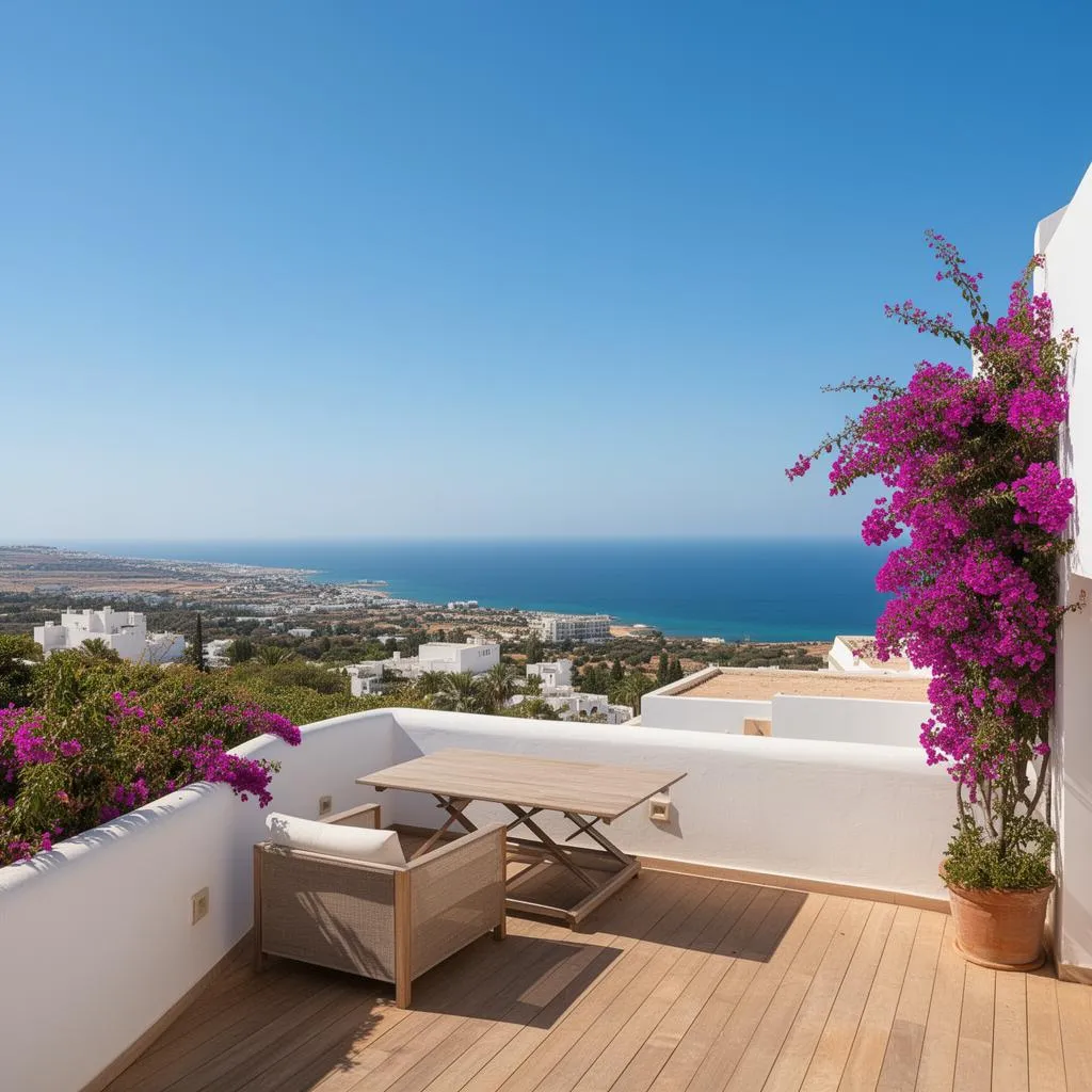 Terrasse de villa avec vue panoramique sur la Méditerranée en Tunisie