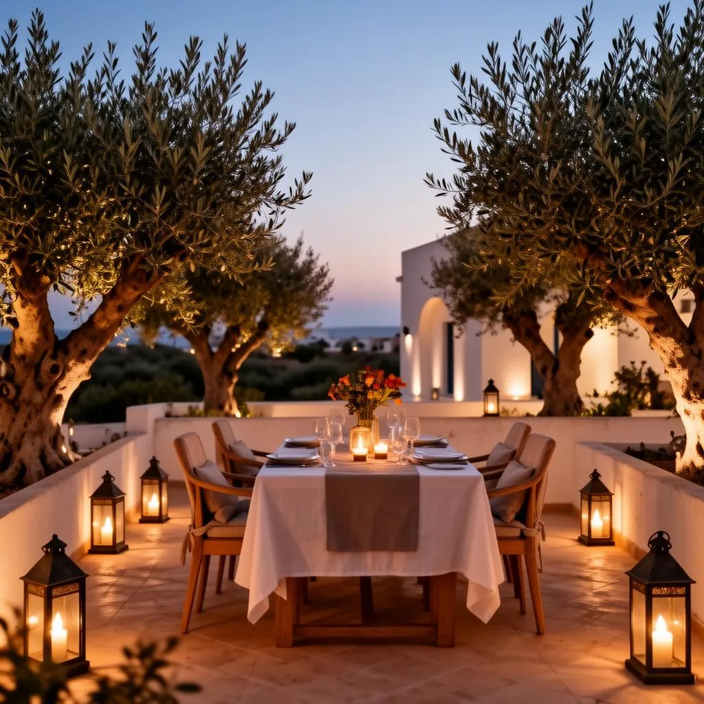 Terrasse extérieure de villa tunisienne en soirée avec table dressée
