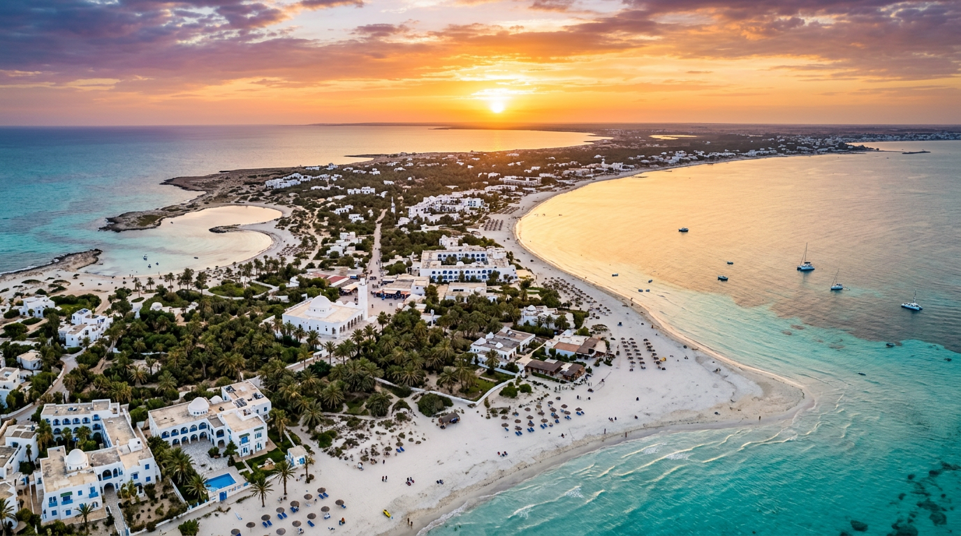 Plage de Djerba avec palmiers et eau turquoise