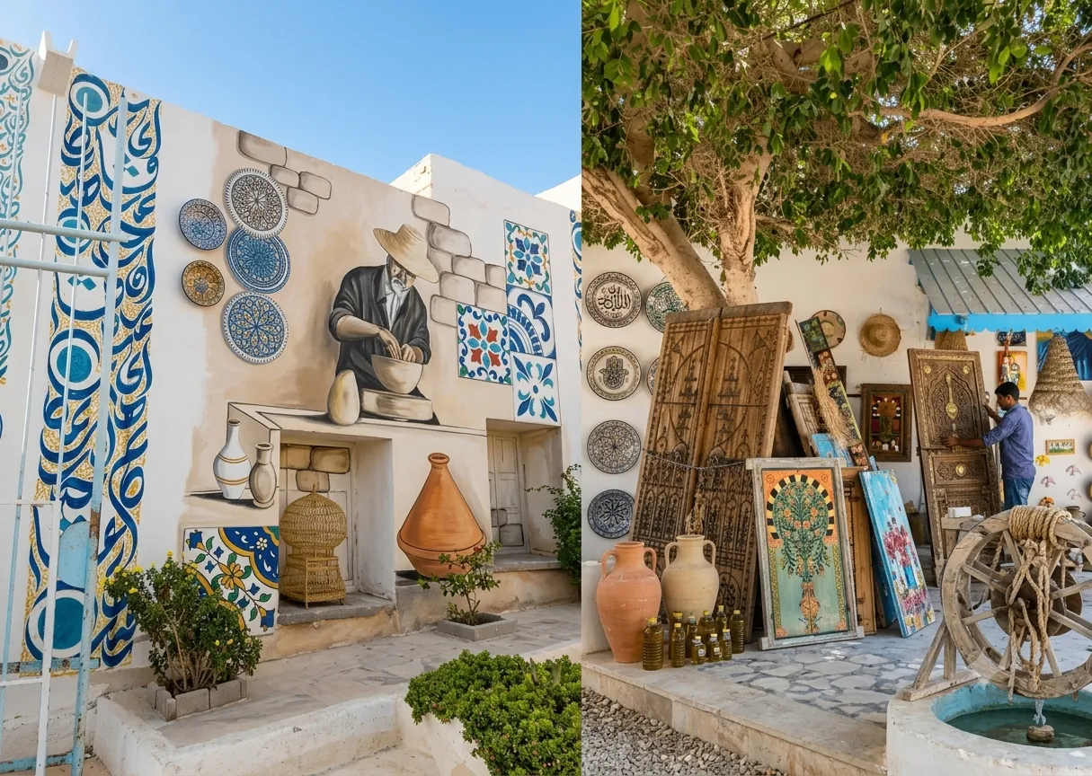 Atelier artisanal et fresque inspirée de Guellala à Djerba