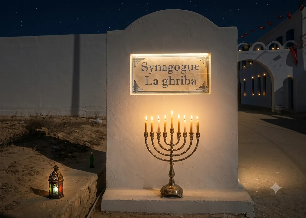 Entrée de la synagogue de la Ghriba illuminée de nuit à Djerba