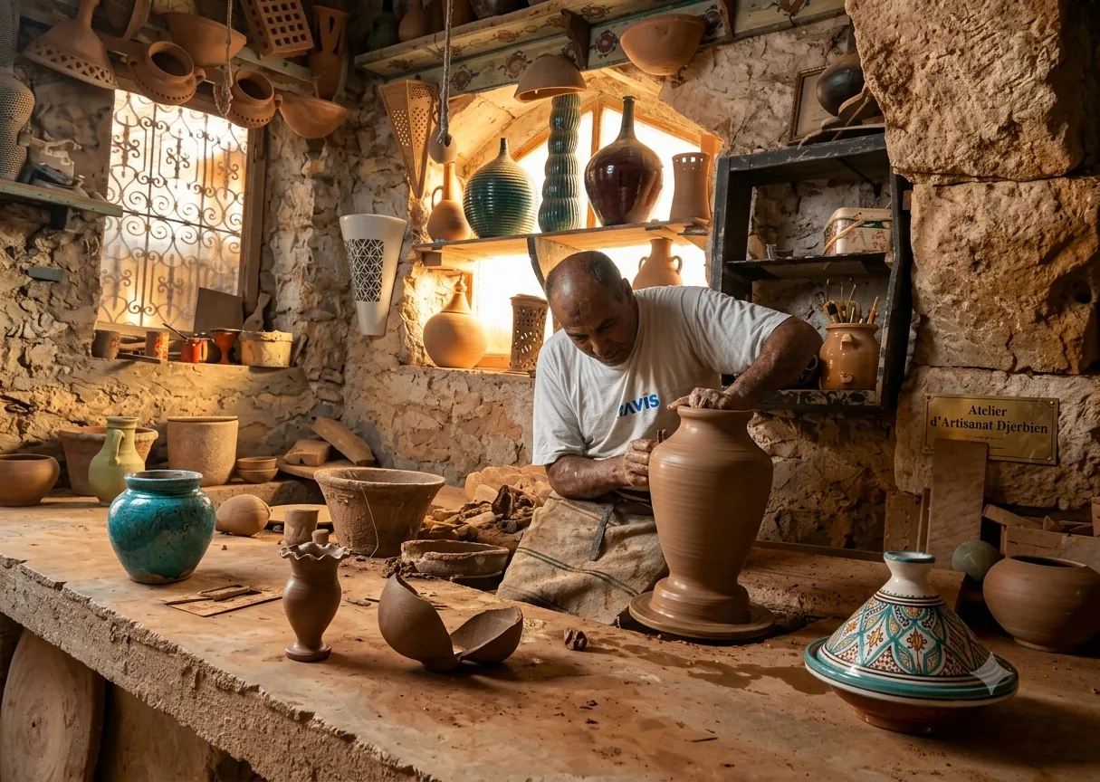 Artisan potier au travail dans un atelier traditionnel de Djerba
