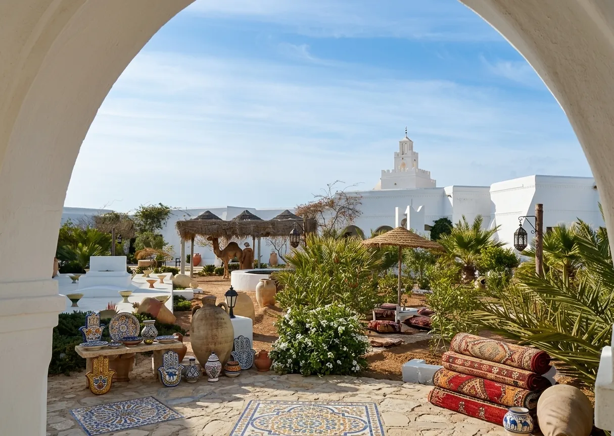 Jardin d'hôtel de charme avec architecture blanche typique de Djerba