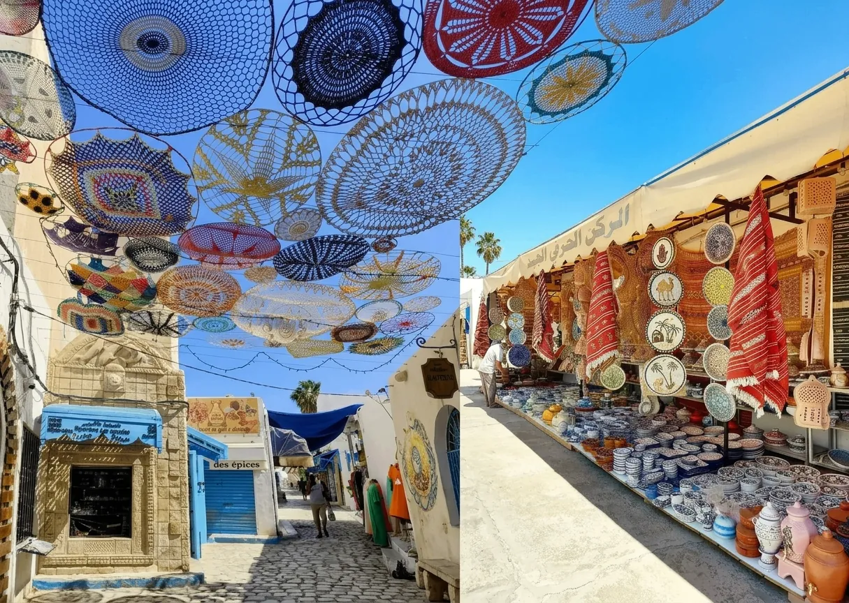 Souk artisanal de Djerba avec céramiques et décor suspendu