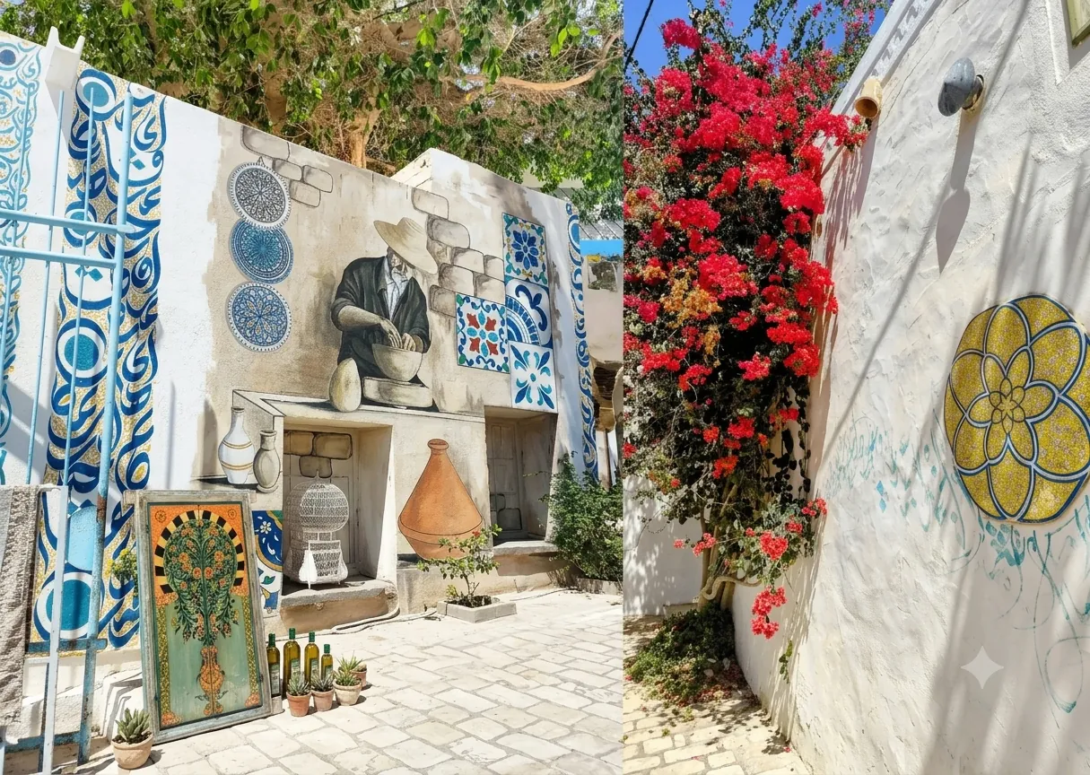 Cour artistique aux murs décorés et bougainvilliers à Djerba